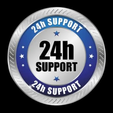 24-hour support badge with blue and silver colors