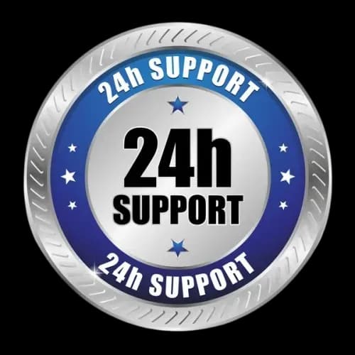 24-hour support badge with blue and silver colors