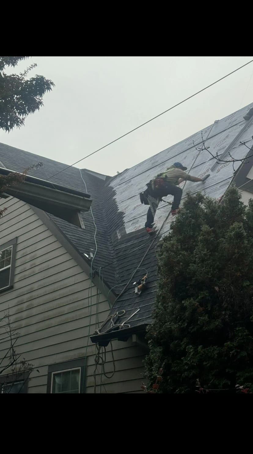 Worker repairing a roof on a house under cloudy sky